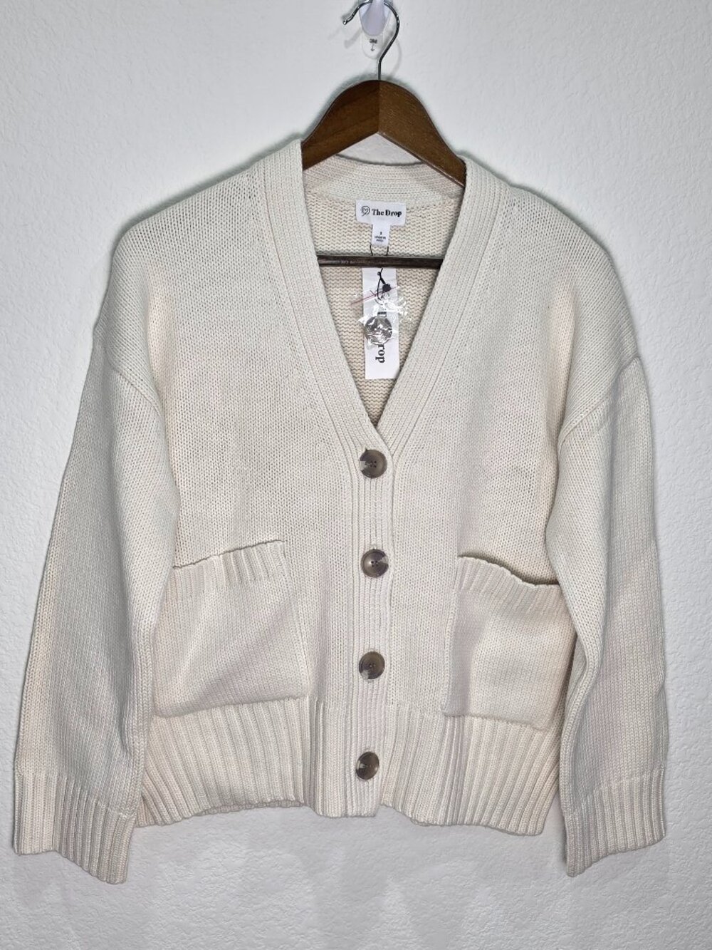 The Drop Brigitte Cotton Blend Chunky Cardigan Whisper White NWT Size S